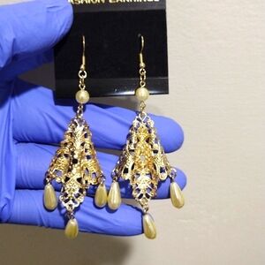 Women's Gold-tone Filigree Design 3.5" Long Beaded Drop Dangle Earrings, #3